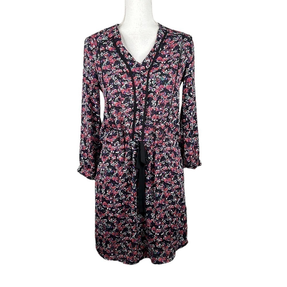 Aqua Black Floral Cottagecore Long Sleeve Flowy Dress Size XS